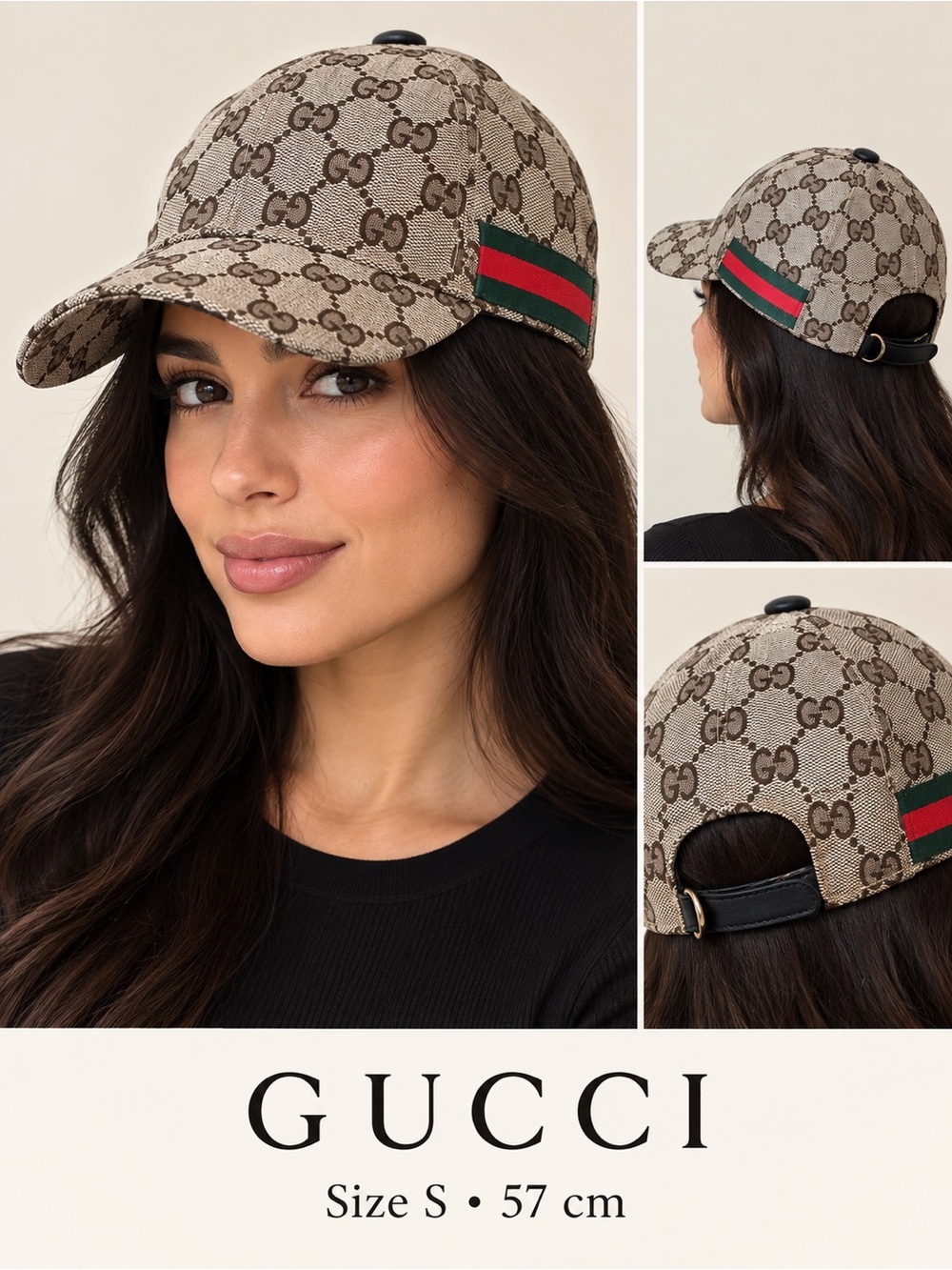 Gucci Beige GG Monogram Cap with Red & Green Stripe